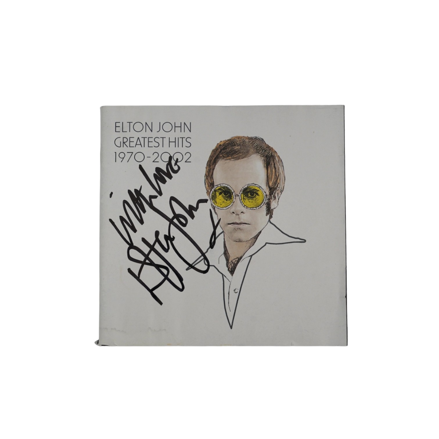 A signed Elton John CD; Greatest Hits 1970-2002, signed to the cover of the booklet in black ink, purchased at charity auction from Rachael Watkyns of the Tiny Box Company as a fundraiser to support makers of fair trade